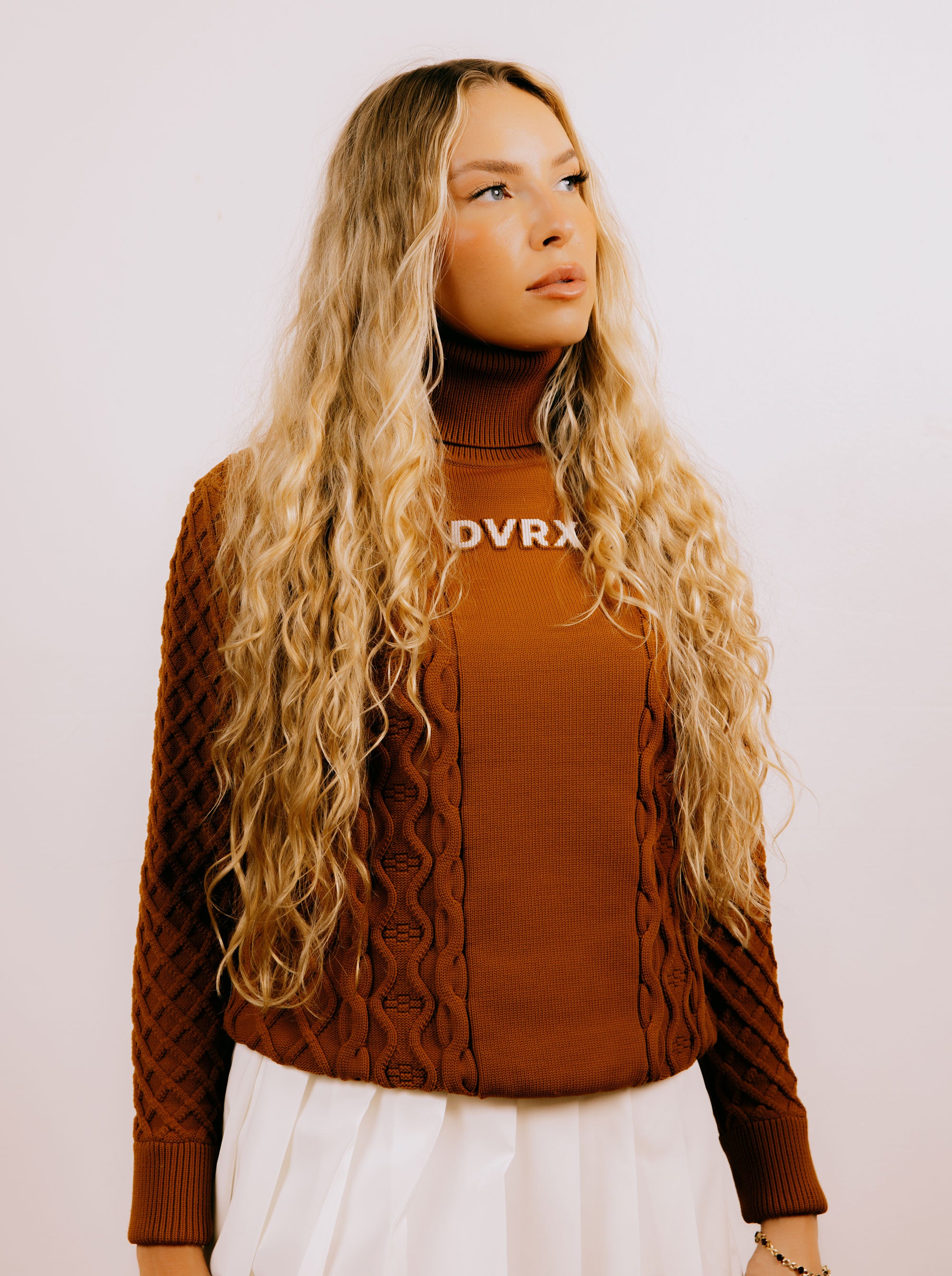 WOMEN 7G DVRX Knit Cable Turtle Neck-763474776-CLAY