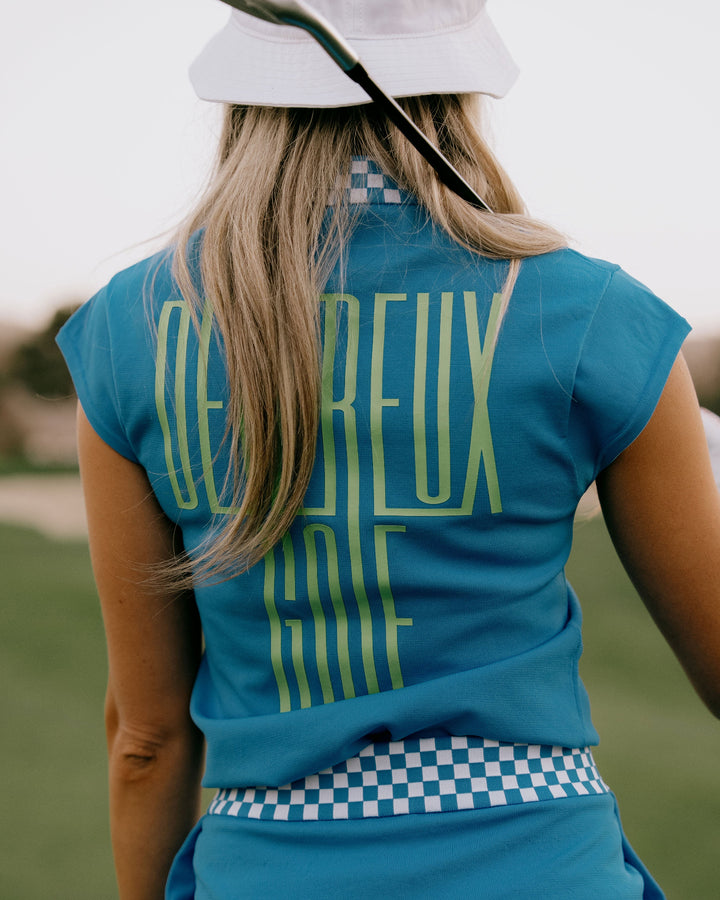 WOMEN Born to Golf チェッカーリブモックフレンチスリーブニット 763572771-BLUE